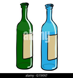 Deux bouteilles vides vert et bleu isolated on white Illustration de Vecteur