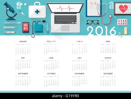 Calendrier 2016 des soins de santé avec médecin et de bureau outils médicaux vue d'en haut, de la médecine et de la santé concept Care Illustration de Vecteur