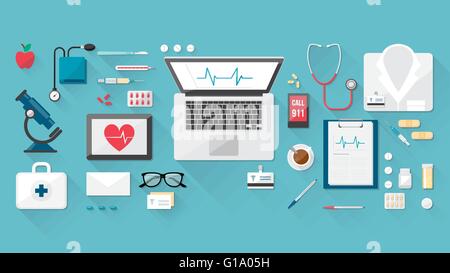 Bureau du médecin avec des instruments de soins et de l'équipement, ordinateur portable, tablette et téléphone Illustration de Vecteur