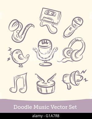 Music set doodle isolé sur fond blanc. Vector Illustration de Vecteur