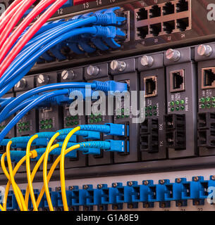 Les câbles à fibre optique connecté à un réseau de ports optiques et câbles connectés aux ports ethernet Banque D'Images