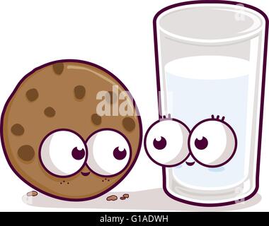 Personnages de collation de petit déjeuner mignons, verre de lait et biscuit. Verre de dessin animé de personnages de biscuits au lait et aux pépites de chocolat. Illustration vectorielle Illustration de Vecteur