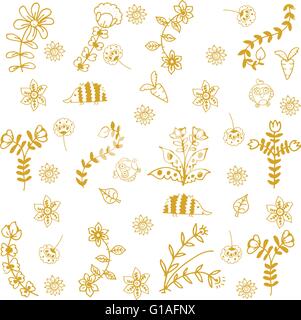 Insectes et fleurs art doodle jaune Illustration de Vecteur