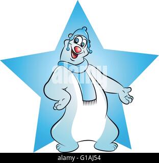 Vector illustration of polar bear mascot avec foulard et chapeau sur fond blue star Illustration de Vecteur