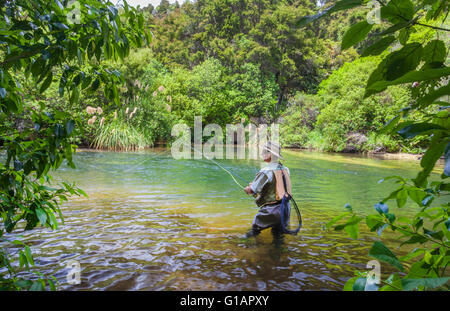 La pêche de mouche les touristes avec guide de pêche dans la zone du lac Taupo en Nouvelle-Zélande flux Banque D'Images