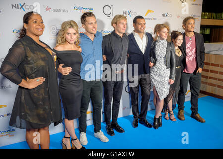 Sydney, Australie. Le 11 mai, 2016. Finalistes Shareena Clanton, Géorgie, inondation Harley Bonner, Sean Keenan, Meyne Wyatt, Sara West, Chloe Bayliss, Brenton Thwaites line jusqu'à la suite de l'annonce de Films australiens dans les candidats à la bourse d'Heath Ledger annuel pour 2016. Credit : Hugh Peterswald/Pacific Press/Alamy Live News Banque D'Images