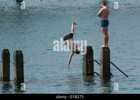 Aberystwyth, Pays de Galles, Royaume-Uni, jeudi 12 mai 2016 UK Weather : les gens à la mer à Aberystwyth appréciant la natation et divinf dans la mer le dernier jour de beau temps dans la mini-canicule. Les températures sont mis à tomber dans les jours à venir, avec des conditions plus froides mais au pays Crédit photo : Keith Morris / Alamy Live News Banque D'Images