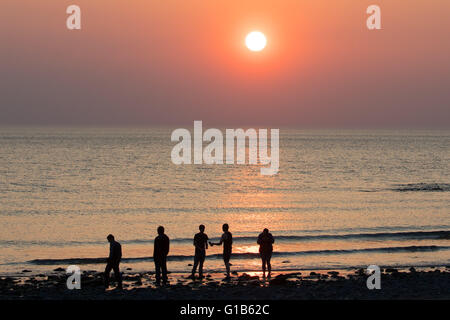 Clarach, près de Aberystwyth , Pays de Galles UK., le jeudi 12 mai 2016 UK weather : un spectaculaire coucher de soleil sur la plage de Clarach, à quelques kilomètres au nord de la Baie de Cardigan Aberystwyth, sur la côte de l'ouest du pays de Galles. La météo à l'ouest aujourd'hui a été ensoleillé et chaud, atteignant le milieu des années 70 farenheit. Les températures sont mis à tomber dans les jours à venir, avec des conditions plus froides mais au pays Crédit photo : Keith Morris / Alamy Live News Banque D'Images