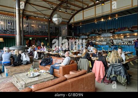 Pays-bas, le nord de la Hollande, Amsterdam, North IJ Banques, district, NSDM Werf NDSM, Pllek restaurant est installé dans de vieux contenants de liner Banque D'Images