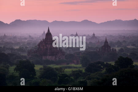 L'aube sur les anciens temples de Bagan dispersés à travers le paysage brumeux Banque D'Images