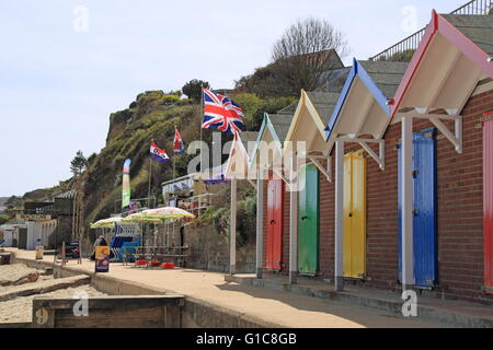 Des cabines de plage et la cabine Cafe, Swanage Plage du Nord, l'île de Purbeck, Dorset, Angleterre, Grande-Bretagne, Royaume-Uni, UK, Europe Banque D'Images