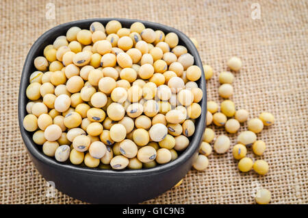 Le soja en or sur fond noir tasse sac. Banque D'Images