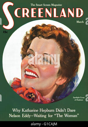 Couverture du numéro de mars 1936 du magazine Screenland avec un portrait de l'actrice Katherine Hepburn par l'artiste Pierre Marland. Banque D'Images