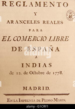 Accueil Tarifs et règlements les réels, l'application de ce qui était très pratique pour la vie économique de l'Espagne et l'Amérique. Datée 1778 Banque D'Images