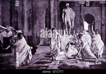 Assassinat de Jules César était un complot ourdi par les sénateurs romains ; dirigé par Gaius Cassius Longinus et Marcus Junius Brutus. Ils l'ont poignardé à mort de Jules César dans un emplacement à côté de la gare de Pompey sur les ides de mars (15 mars) ; 44 av. Banque D'Images