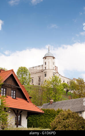 Château historique Janowiec, bâtiment extérieur ruine sur la colline vue à partir de la 34 rue, en face des maisons, des loisirs actifs. Banque D'Images