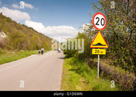 Ralentisseur et limite maximale de 20, signe de route sur la route de village Janowiec, bosses de l'apaisement de la circulation pour réduire la vitesse à Banque D'Images