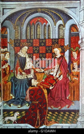 Henry VI et de Marguerite d'Anjou avec leurs courtisans. John Talbot, Comte de Shrewsbury s'agenouille devant la Reine de présenter son avec un livre. Banque D'Images