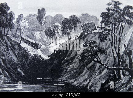 Au début du 19ème siècle Illustration pionniers Australiens voyageant par les charrettes à Bœufs à travers un terrain difficile dans le Queensland en Australie. En date du 1830. Banque D'Images