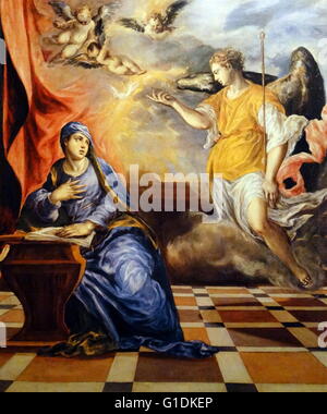 Tableau représentant le 'Annonciation' la fête chrétienne de l'annonce par l'ange Gabriel à la Vierge Marie qu'elle allait concevoir et de devenir la Mère de Jésus, le Fils de Dieu, marquant son Incarnation. Par El Greco Banque D'Images
