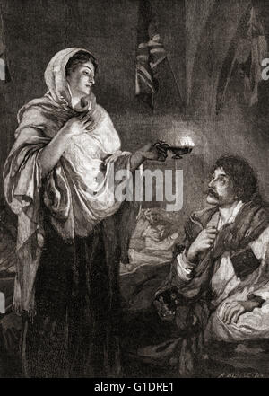 La dame à la lampe : Florence Nightingale à l'hôpital à la caserne de Scutari, en Turquie, au cours de la guerre de Crimée. Florence Nightingale, 1820 - 1910. Le réformateur social anglais et statisticien, et le fondateur des soins infirmiers modernes. Banque D'Images