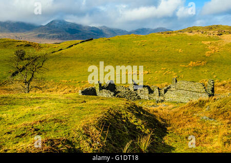 Ferme abandonnée à des Parkamoor dans le Furness Fells dans le district du lac à la recherche de Dow Crag et Coniston le vieil homme Banque D'Images