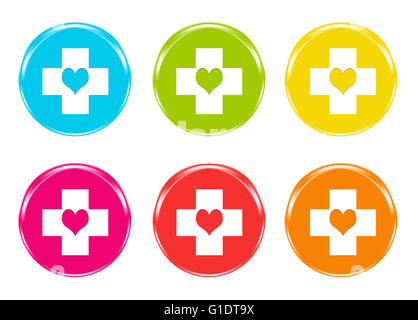 Ensemble d'icônes colorées avec symbole médical en bleu, rouge, jaune, rose, rouge et orange Banque D'Images
