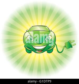 Vector illustration of a smiling green voiture électrique avec fiche Illustration de Vecteur