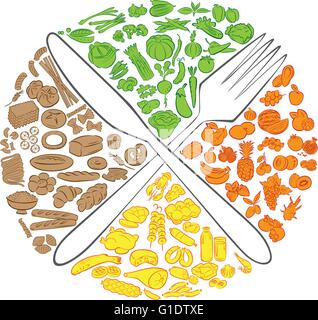 Vector illustration de couteau et fourchette croisés avec des groupes d'aliments en mode couleur Illustration de Vecteur