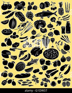 Illustration vecteur de collecte de denrées alimentaires en silhouette mode sur fond jaune Illustration de Vecteur