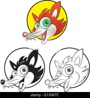 Vector illustration d'un fox mascot en couleur, noir et blanc mode linéaire Illustration de Vecteur