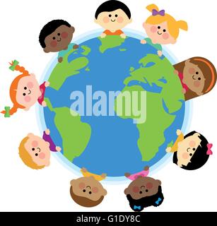 Groupe d'enfants ethniques multiples autour de la terre. Illustration de Vecteur