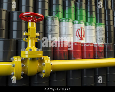 Distributeur de pipe-line devant le drapeau iranien sur les barils de pétrole. Le gaz iranien et de l'huile carburant energy concept. 3d illustration Banque D'Images