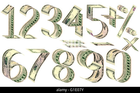 Les chiffres, pour 100 dollars et de signes mathématiques. Composé de cinq billets de dollar. Isolated on white Banque D'Images