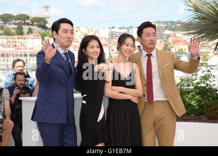 Cannes, France. Le 11 mai, 2016. CANNES, FRANCE - 14 MAI : (L-R) Jin-Woong Cho acteur, actrice Kim Tae-Ri directeur, Park Chan-Wook, actrice et acteur Kim Min-Hee Ha Jung-Woo assister à 'La servante (Mademoiselle)' photocall lors de la 69 e assemblée annuelle du Festival du Film de Cannes au Palais des Festivals le 14 mai 2016 à Cannes, France. © Frédéric Injimbert/ZUMA/Alamy Fil Live News Banque D'Images