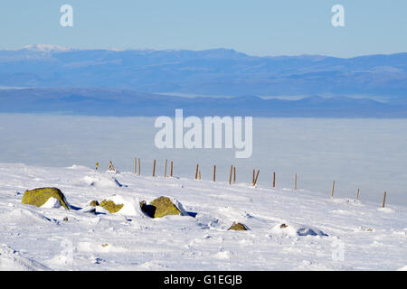 Plateau de Montagne Vitosha enneigés dans une journée ensoleillée, béton vieux piquets stick jusqu'à partir de la neige, des nuages blancs ci-dessous Banque D'Images