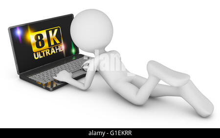 Ordinateur portable 8K et l'homme sur un fond blanc, 3D render. Banque D'Images