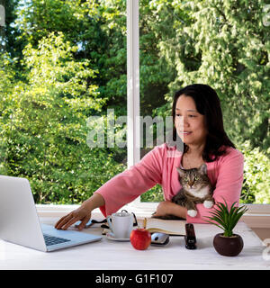 Femme mature, le port de vêtements, matin tenant son chat de compagnie de la famille tout en travaillant à la maison en face de grande fenêtre Banque D'Images