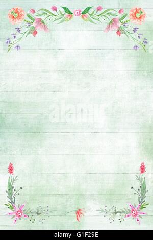 Vintage plank texture avec couronne rose botanique aquarelle Banque D'Images