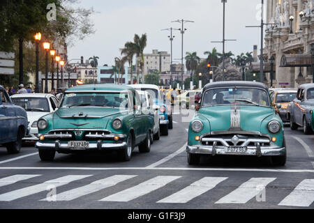 Vieilles voitures utilisées comme taxis sur le Prado (Paseo de Marti), La Havane, Cuba Banque D'Images