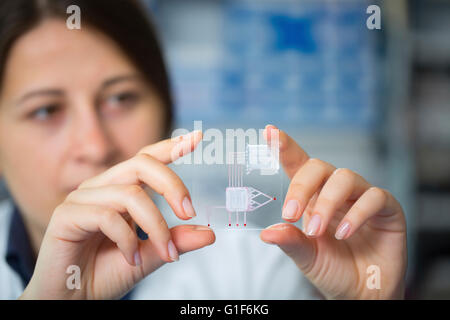 Parution du modèle. Technicien de laboratoire Femme tenant un laboratoire sur puce. Banque D'Images