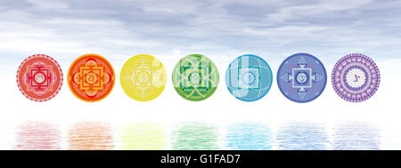 Sept symboles chakra ligne sur l'eau dans le fond bleu - 3D render Banque D'Images