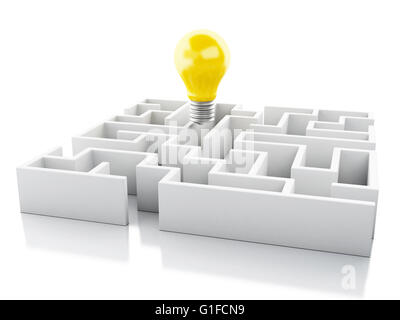 Moteur de rendu 3d image. Labyrinthe blanc avec l'icône de l'ampoule. Isolé sur fond blanc. Banque D'Images