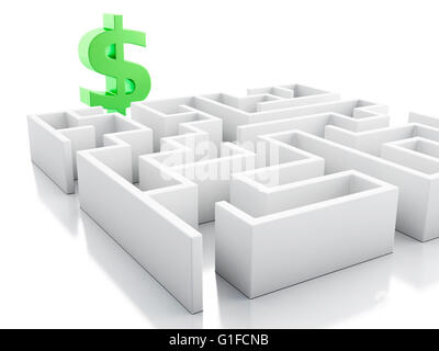 Moteur de rendu 3d image. Labyrinthe blanc avec le signe du dollar. Concept d'entreprise. Isolé sur fond blanc. Banque D'Images