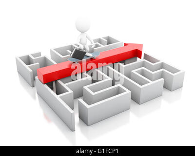 Moteur de rendu 3d image. Un labyrinthe et au-dessus une flèche avec un homme d'affaires en skate. Succès d'affaires et de concept. Blanc backgroun isolés Banque D'Images