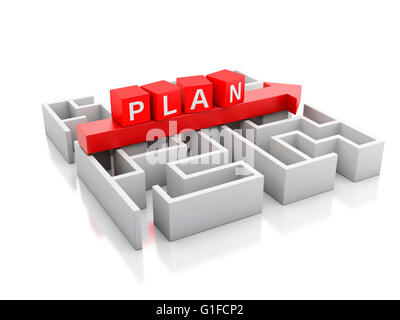 Moteur de rendu 3d image. Un labyrinthe et au-dessus une flèche avec word plan.concept d'entreprise. Isolé sur fond blanc. Banque D'Images
