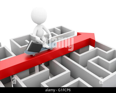 Moteur de rendu 3d image. Un labyrinthe et au-dessus une flèche avec un homme d'affaires en skate. Succès d'affaires et de concept. Blanc backgroun isolés Banque D'Images