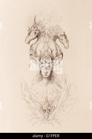 Homme de feu mystique et ornementales des dragons, des croquis au crayon sur papier. Banque D'Images