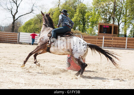 Les jeunes d'équitation cowgirl un beau cheval dans une course de barils événement à un rodéo dans Mitrov, République Tchèque Banque D'Images