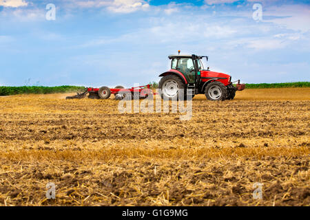 Le tracteur de cultiver les chaumes de blé champ, les résidus de récolte. Banque D'Images